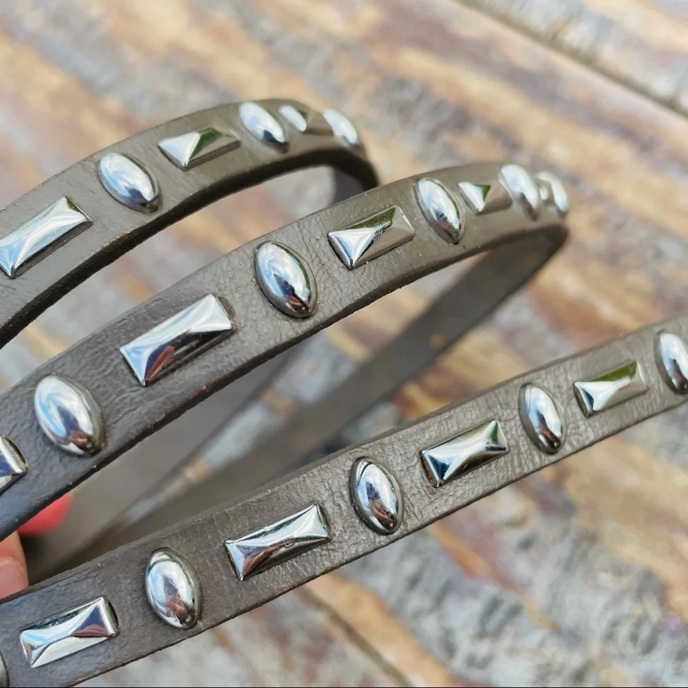Free People Leather Taupe Silver Studded Narrow Skinny Skinny Long Belt